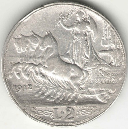 Италия 2 лиры 1912 Квадрига 1 тип редко - изображение 1